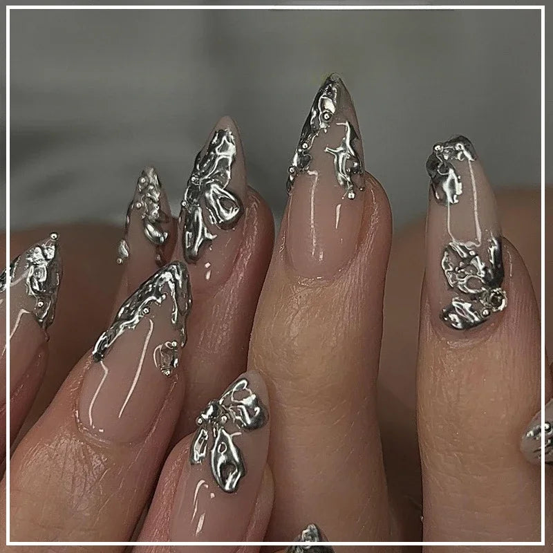 24Pcs Press on Nails, Silver Bow with Diamond with Glue Almond Nail Set