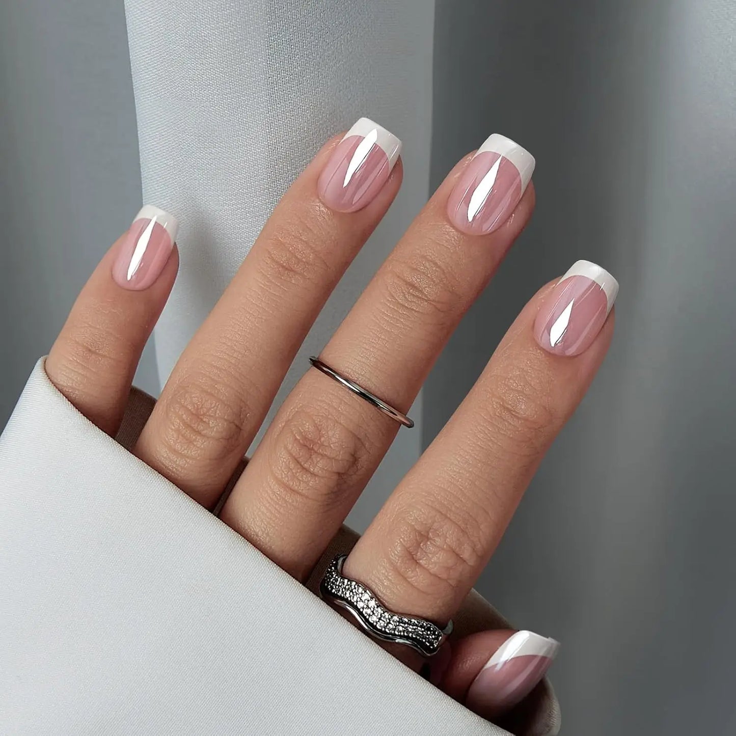 French Style Natural Nude White Tip Glossy Press On Nails