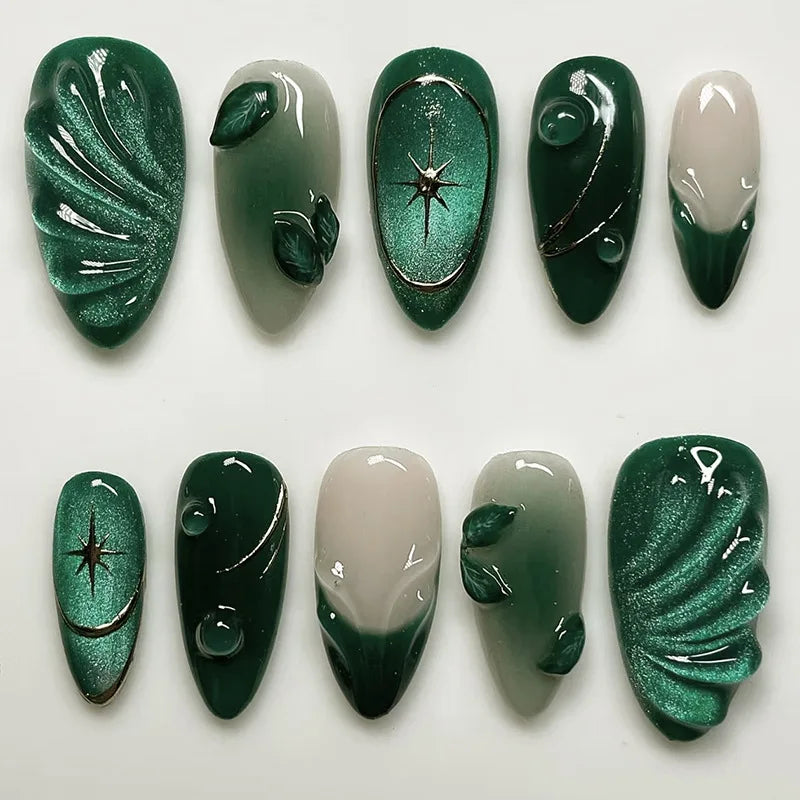 24Pcs Press on Nails, Silver Bow with Diamond with Glue Almond Nail Set