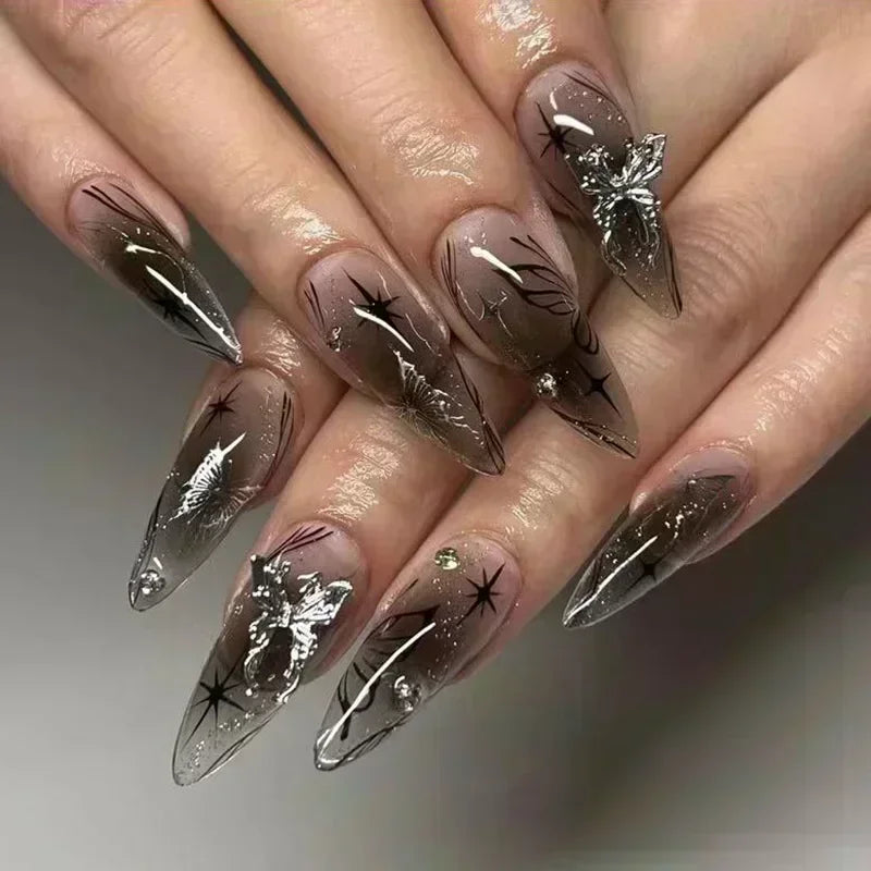 24Pcs Press on Nails, Silver Bow with Diamond with Glue Almond Nail Set