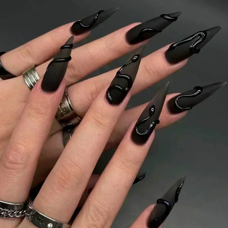 24Pcs Press on Nails, Silver Bow with Diamond with Glue Almond Nail Set