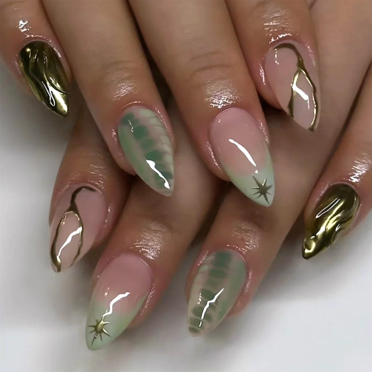 24Pcs Press on Nails, Silver Bow with Diamond with Glue Almond Nail Set