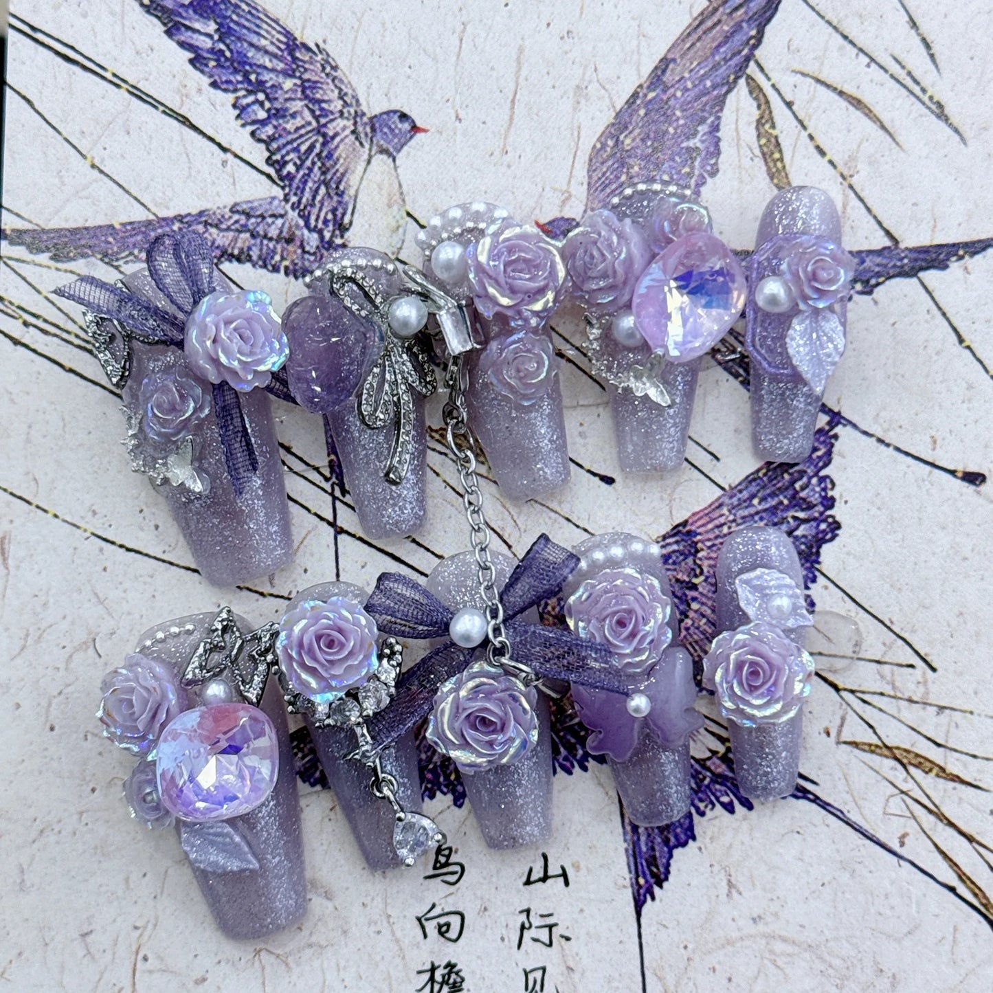 Purple Handmade 3D Flower Butterfly Designs press on Nails
