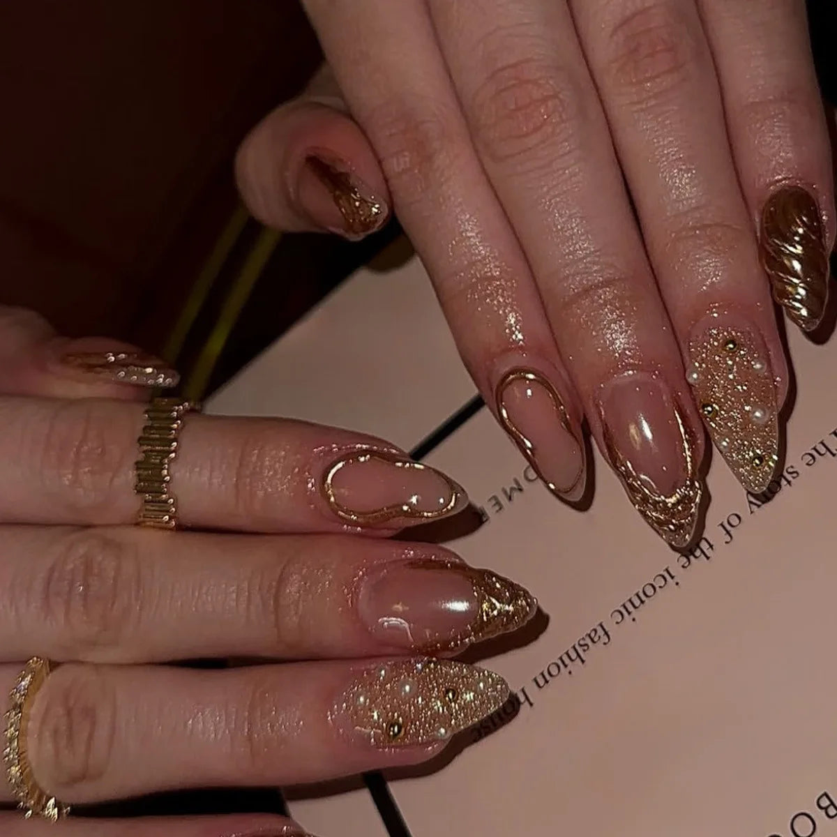 24Pcs Press on Nails, Silver Bow with Diamond with Glue Almond Nail Set