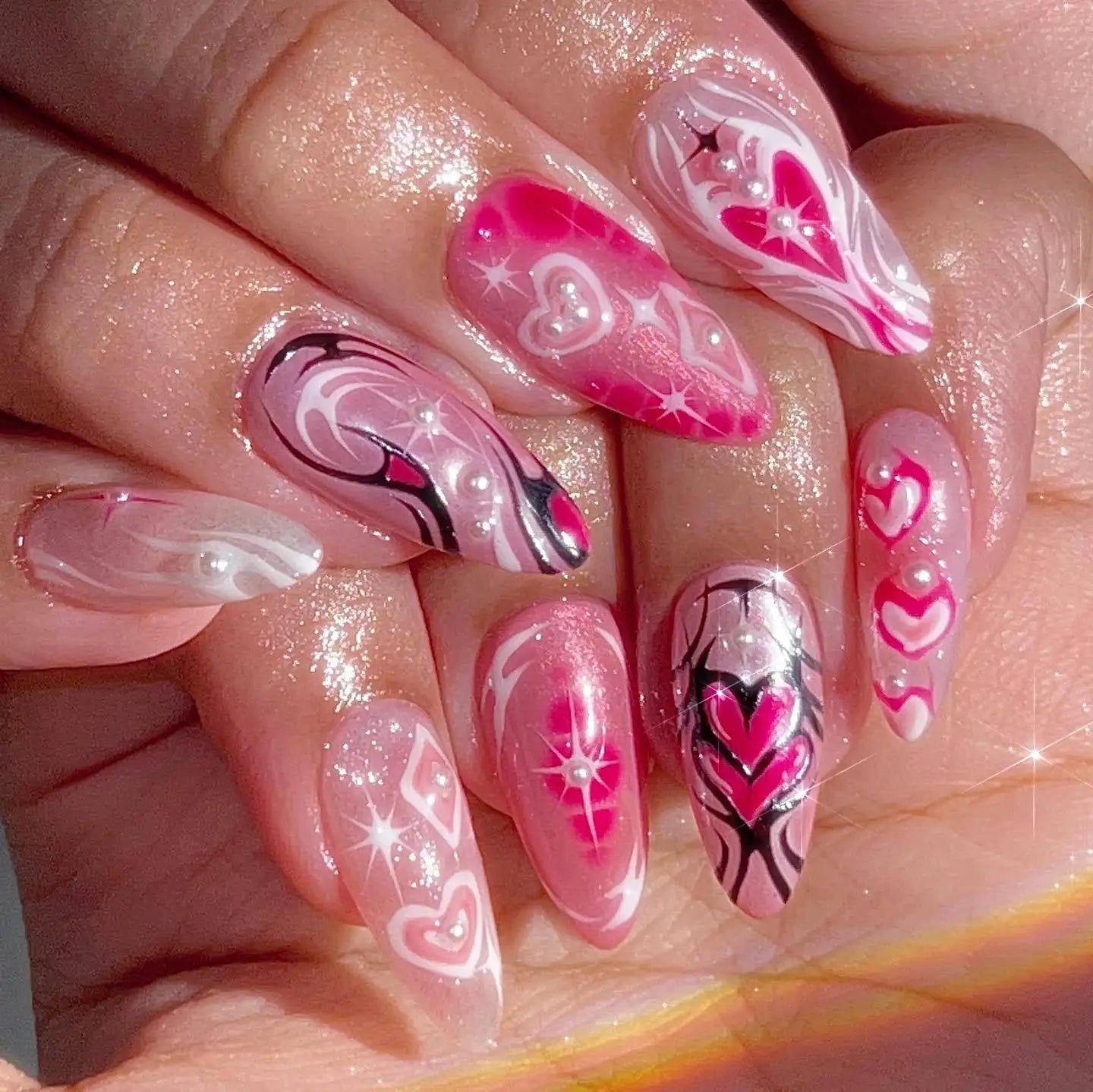 24Pcs Press on Nails, Silver Bow with Diamond with Glue Almond Nail Set