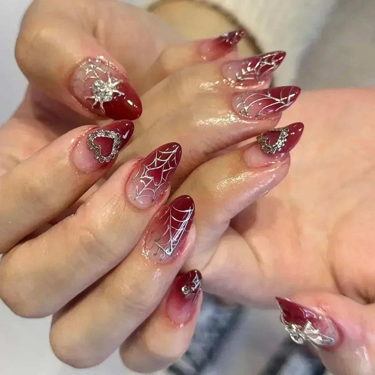 24Pcs Press on Nails, Silver Bow with Diamond with Glue Almond Nail Set