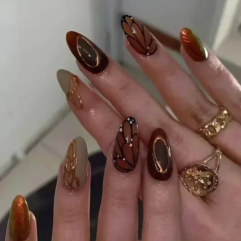 24Pcs Press on Nails, Silver Bow with Diamond with Glue Almond Nail Set