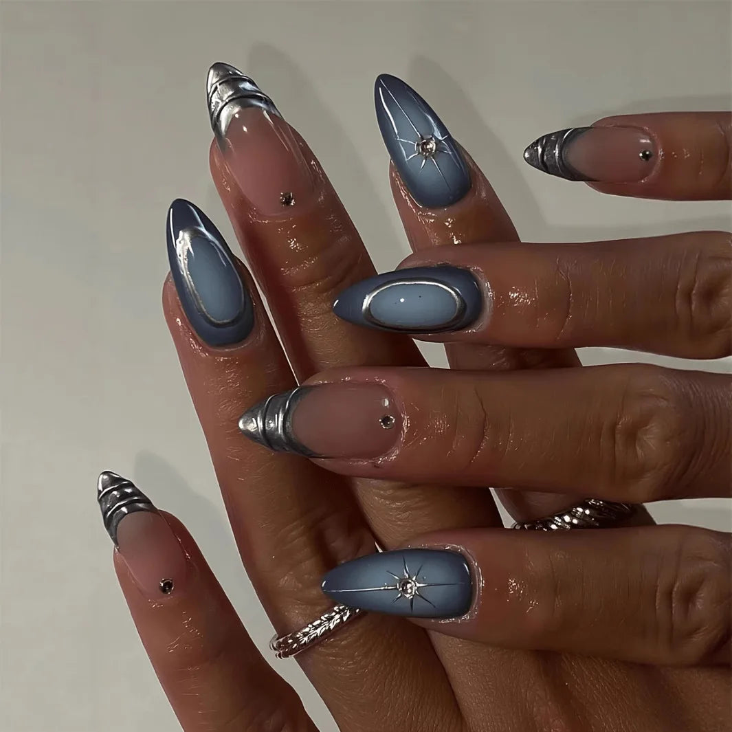 24Pcs Press on Nails, Silver Bow with Diamond with Glue Almond Nail Set