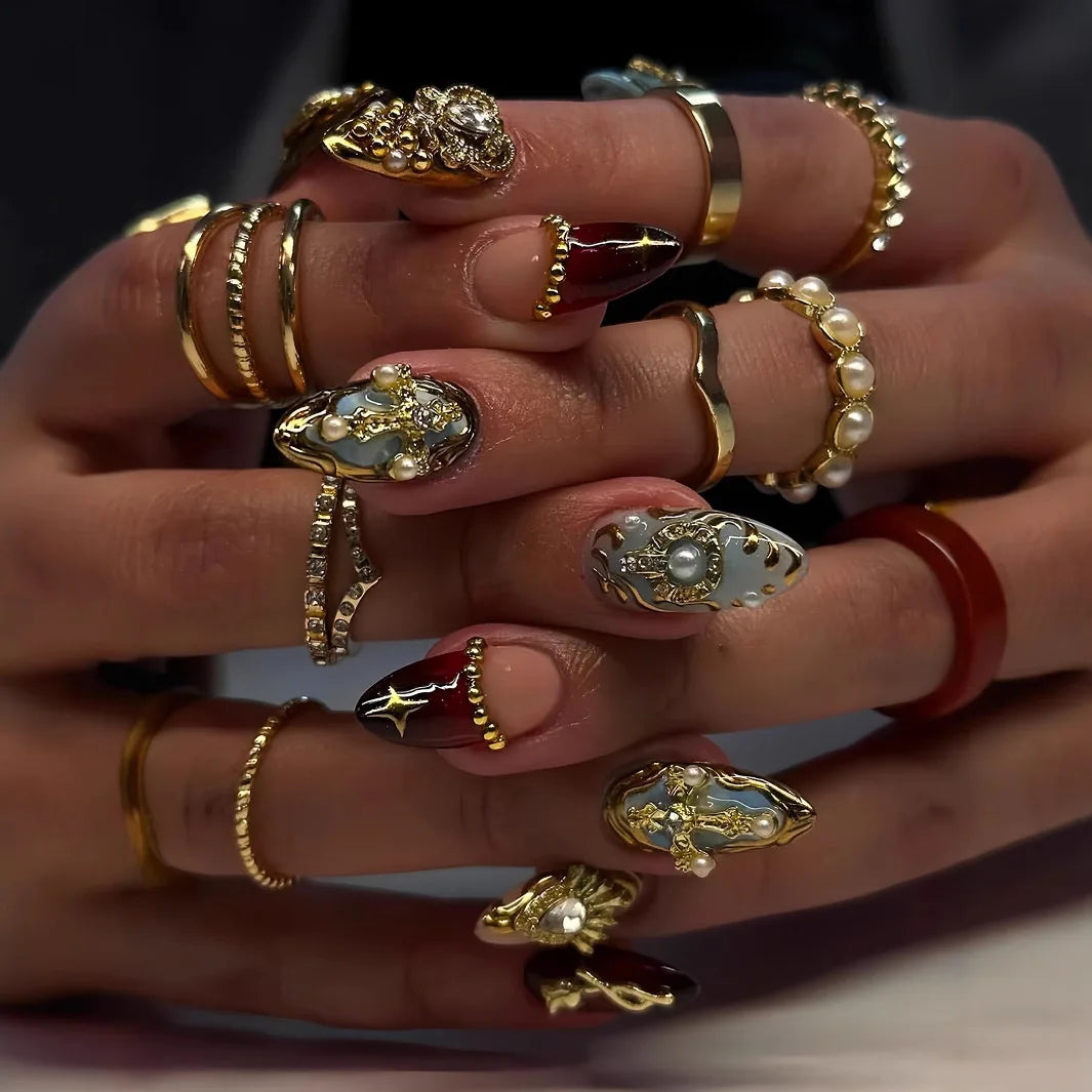 24Pcs Press on Nails, Silver Bow with Diamond with Glue Almond Nail Set
