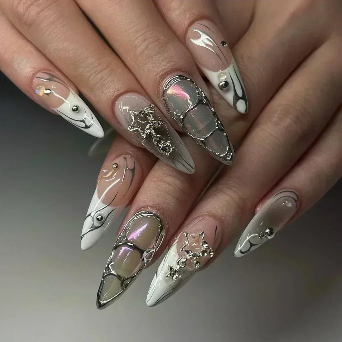 24Pcs Press on Nails, Silver Bow with Diamond with Glue Almond Nail Set