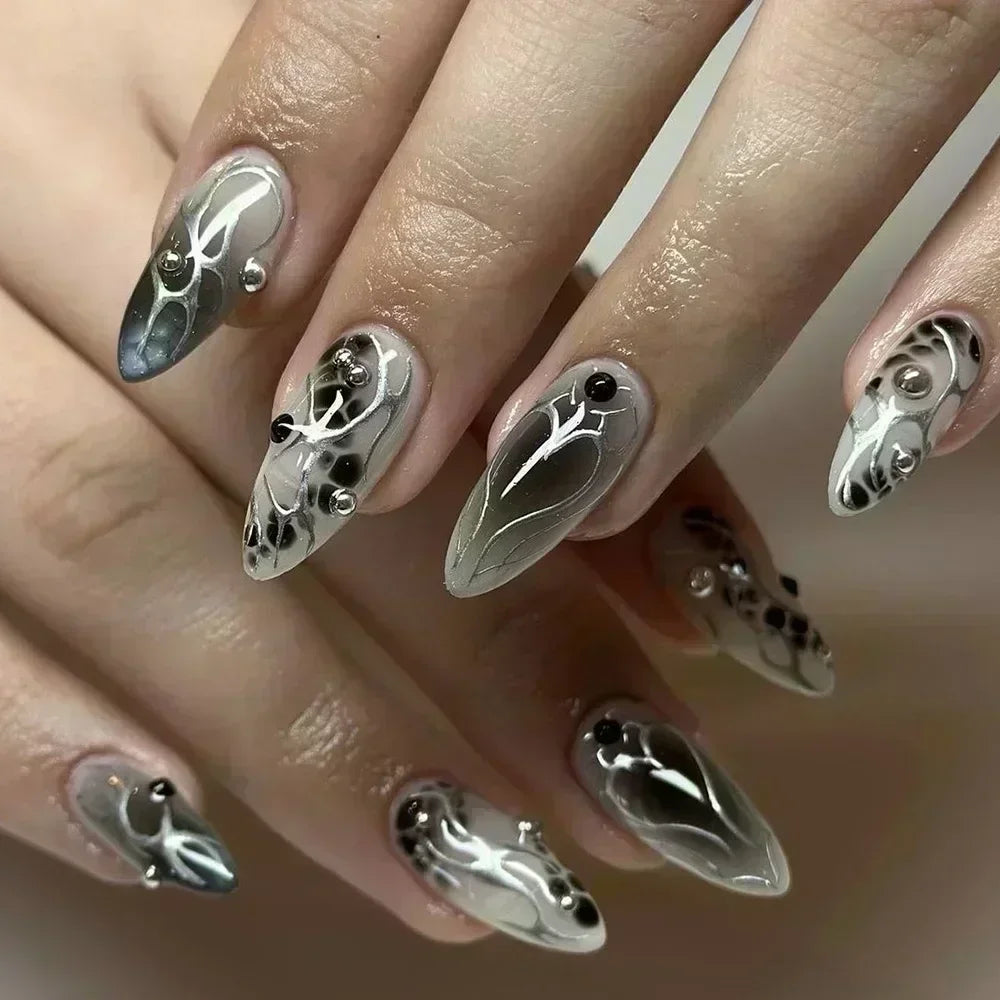 24Pcs Press on Nails, Silver Bow with Diamond with Glue Almond Nail Set