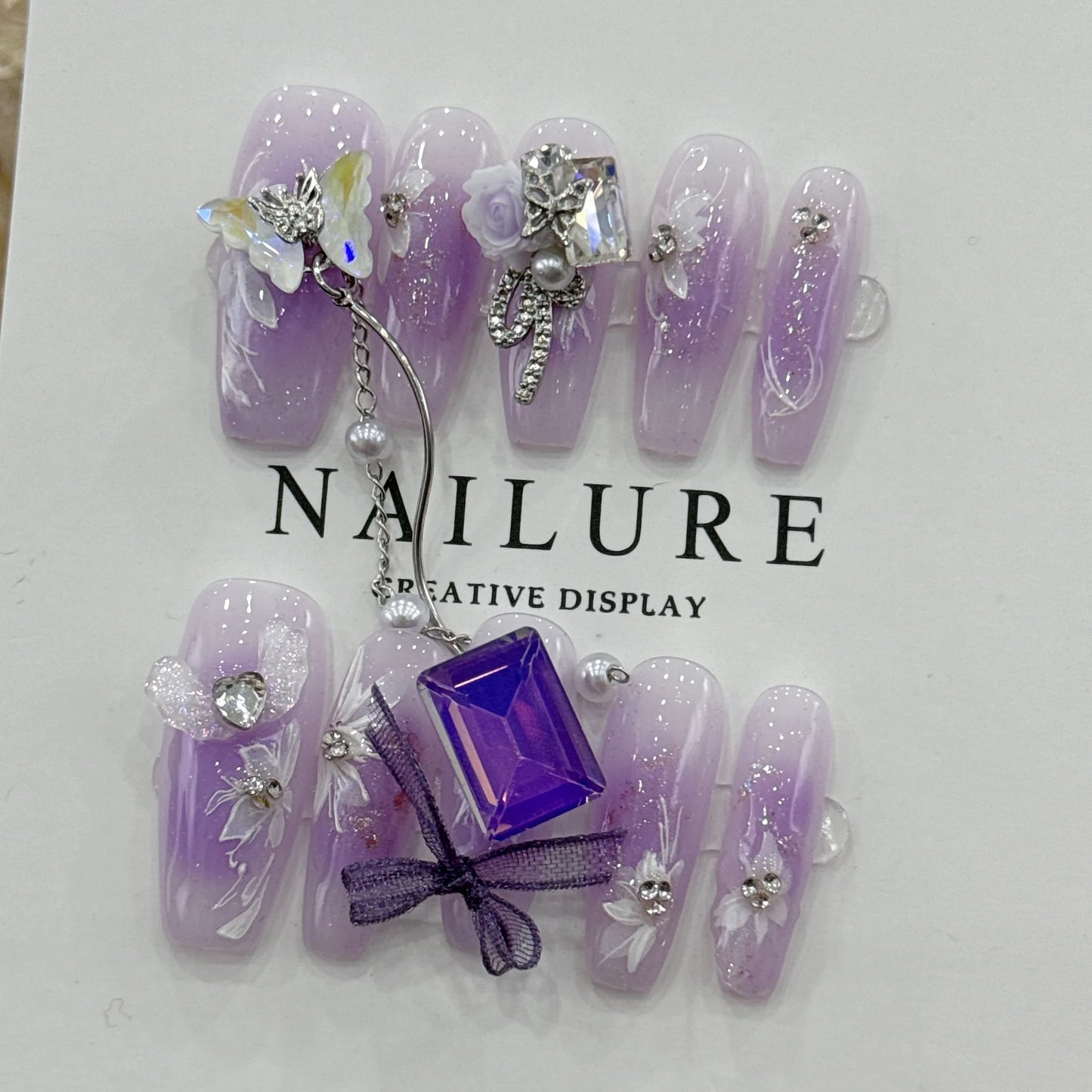 Purple Handmade 3D Flower Butterfly Designs press on Nails
