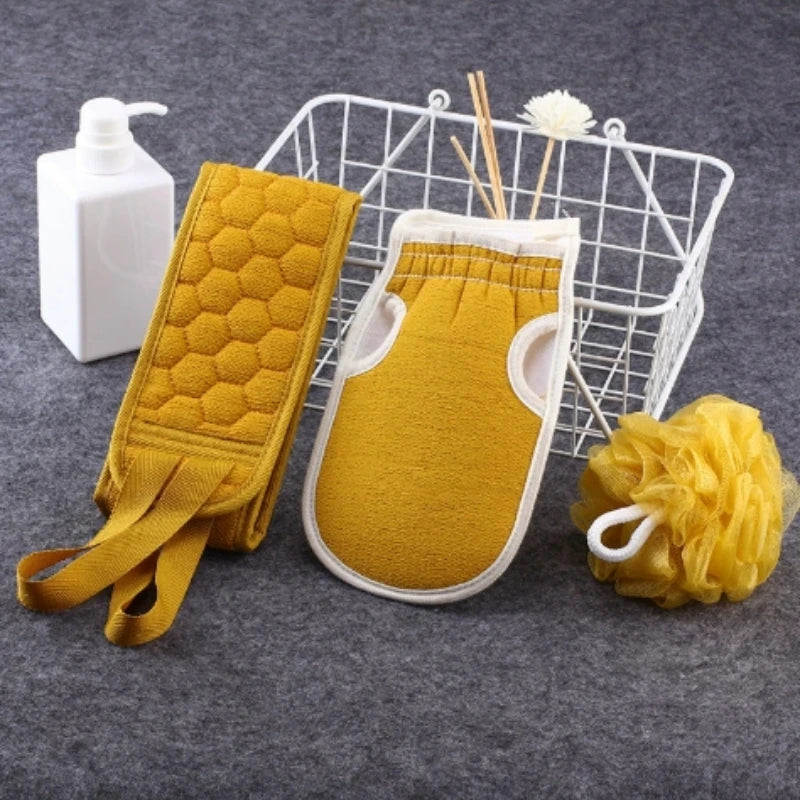 Bath towel shower three piece set, thickened mud cleaning bath ball combination set, pull back strip long back towel