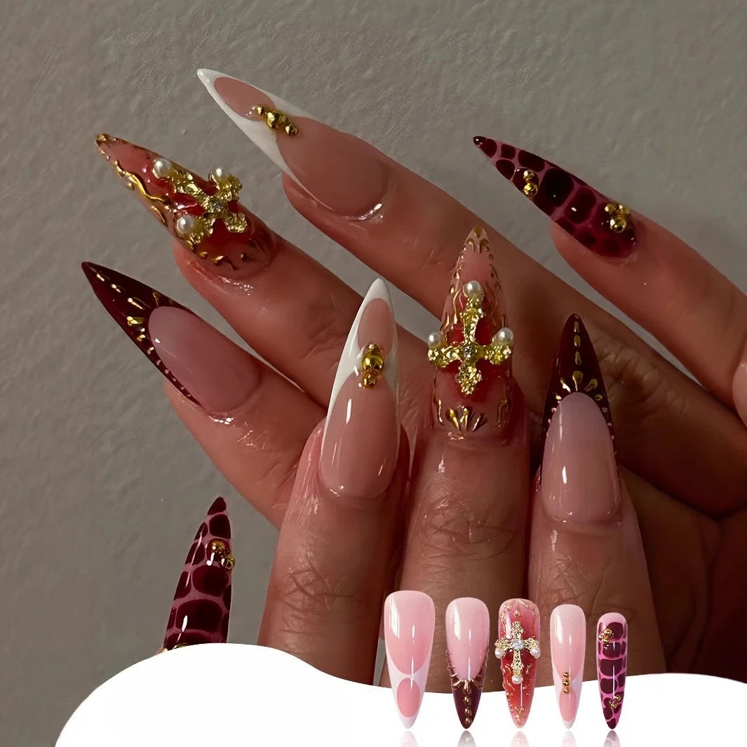 24Pcs Press on Nails, Silver Bow with Diamond with Glue Almond Nail Set