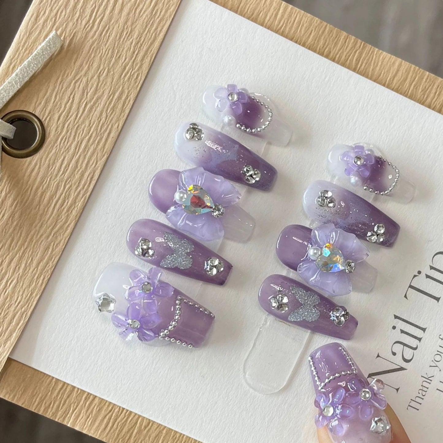Purple Handmade 3D Flower Butterfly Designs press on Nails