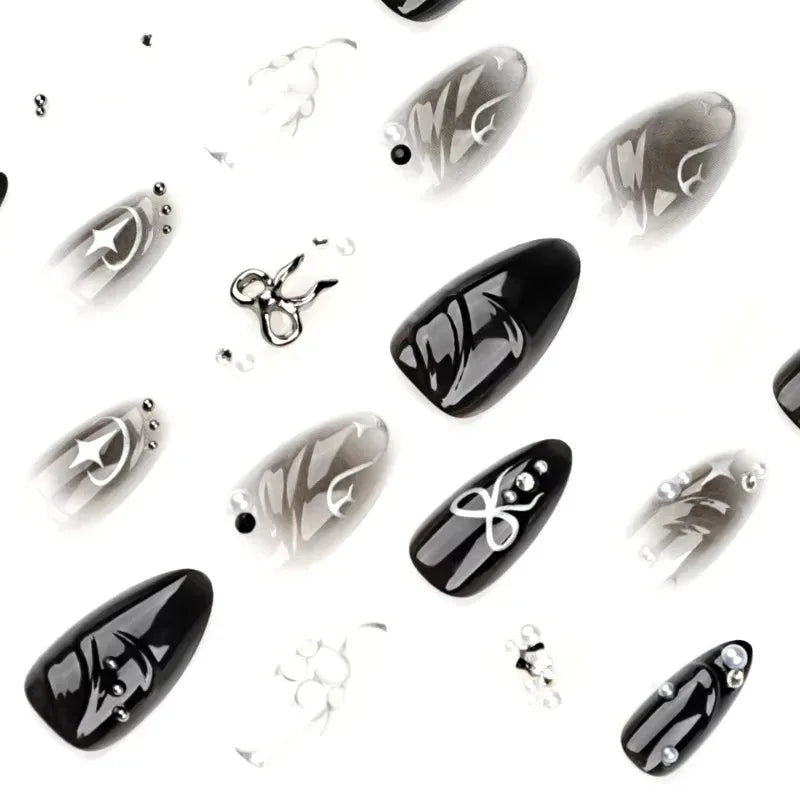 24Pcs Press on Nails, Silver Bow with Diamond with Glue Almond Nail Set