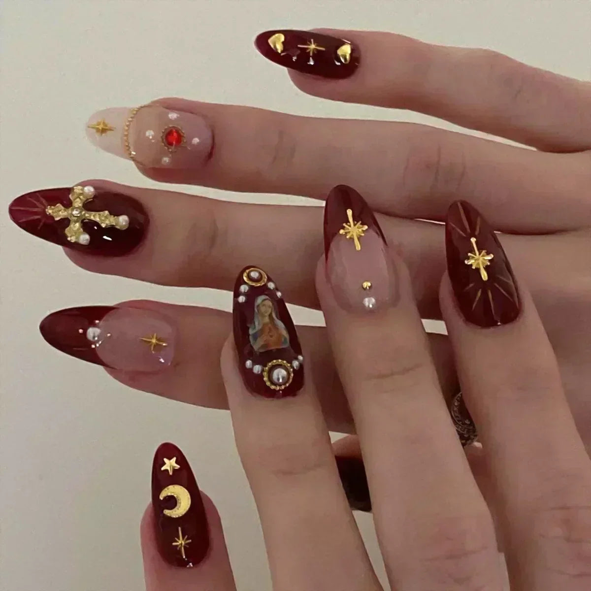 24Pcs Press on Nails, Silver Bow with Diamond with Glue Almond Nail Set