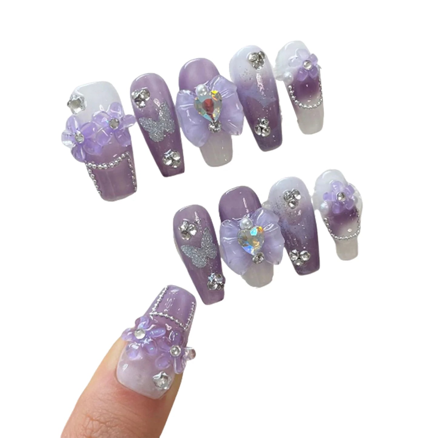 Purple Handmade 3D Flower Butterfly Designs press on Nails