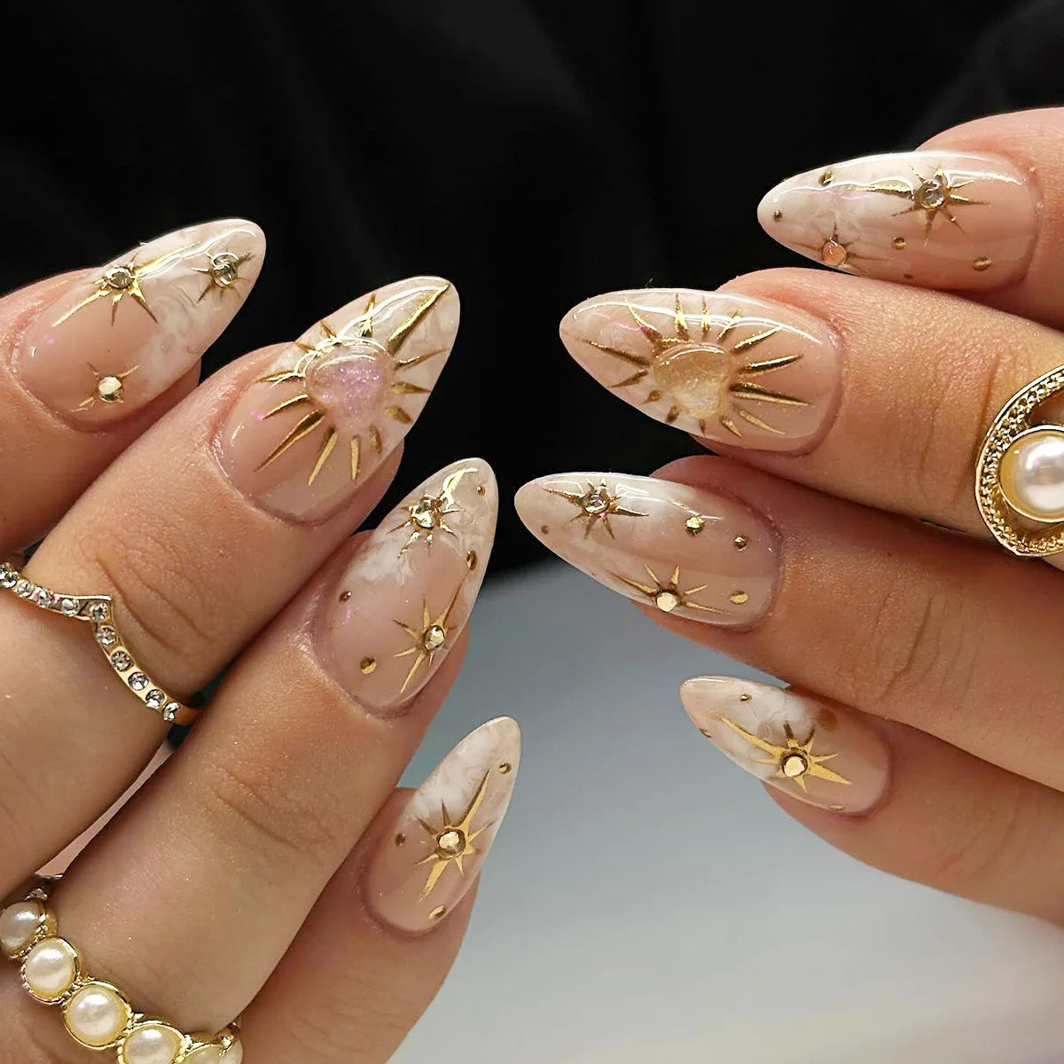 24Pcs Press on Nails, Silver Bow with Diamond with Glue Almond Nail Set