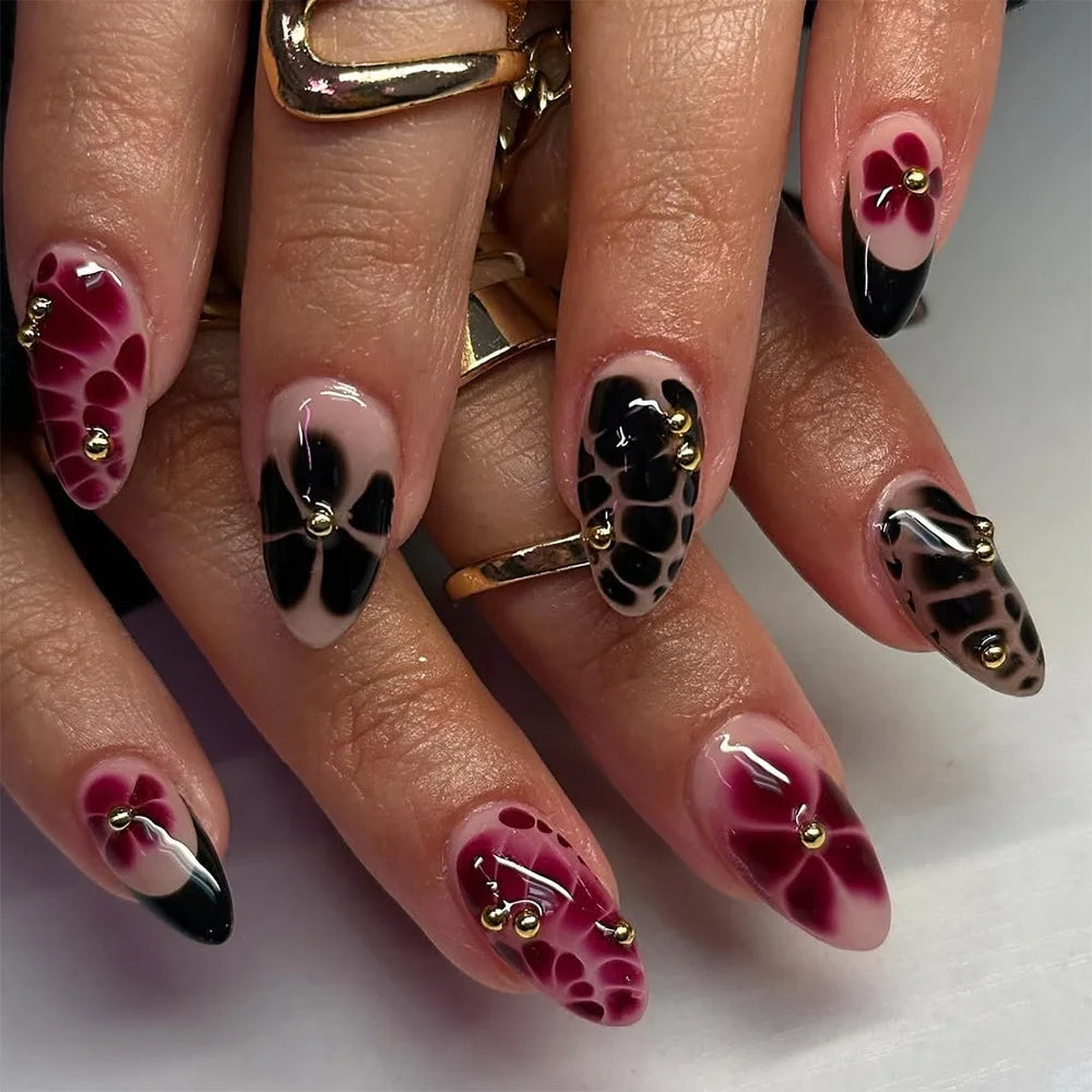 24Pcs Press on Nails, Silver Bow with Diamond with Glue Almond Nail Set