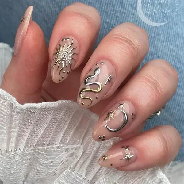 24Pcs Press on Nails, Silver Bow with Diamond with Glue Almond Nail Set