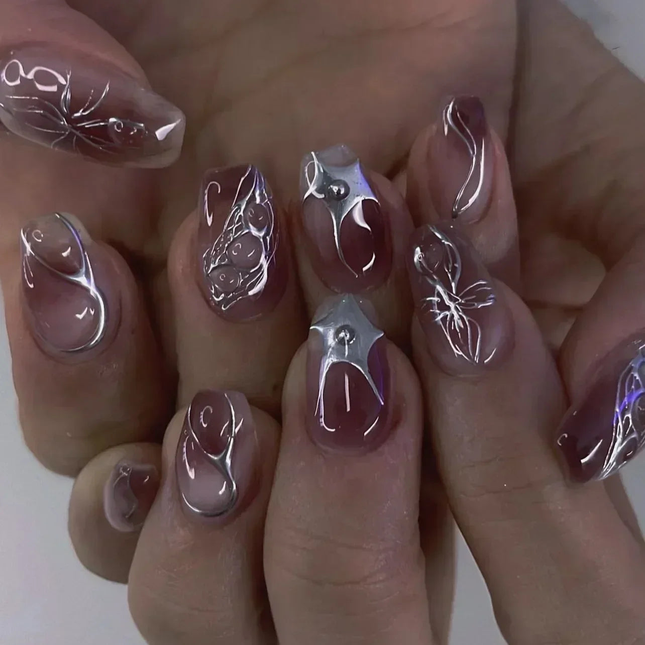 24Pcs Press on Nails, Silver Bow with Diamond with Glue Almond Nail Set