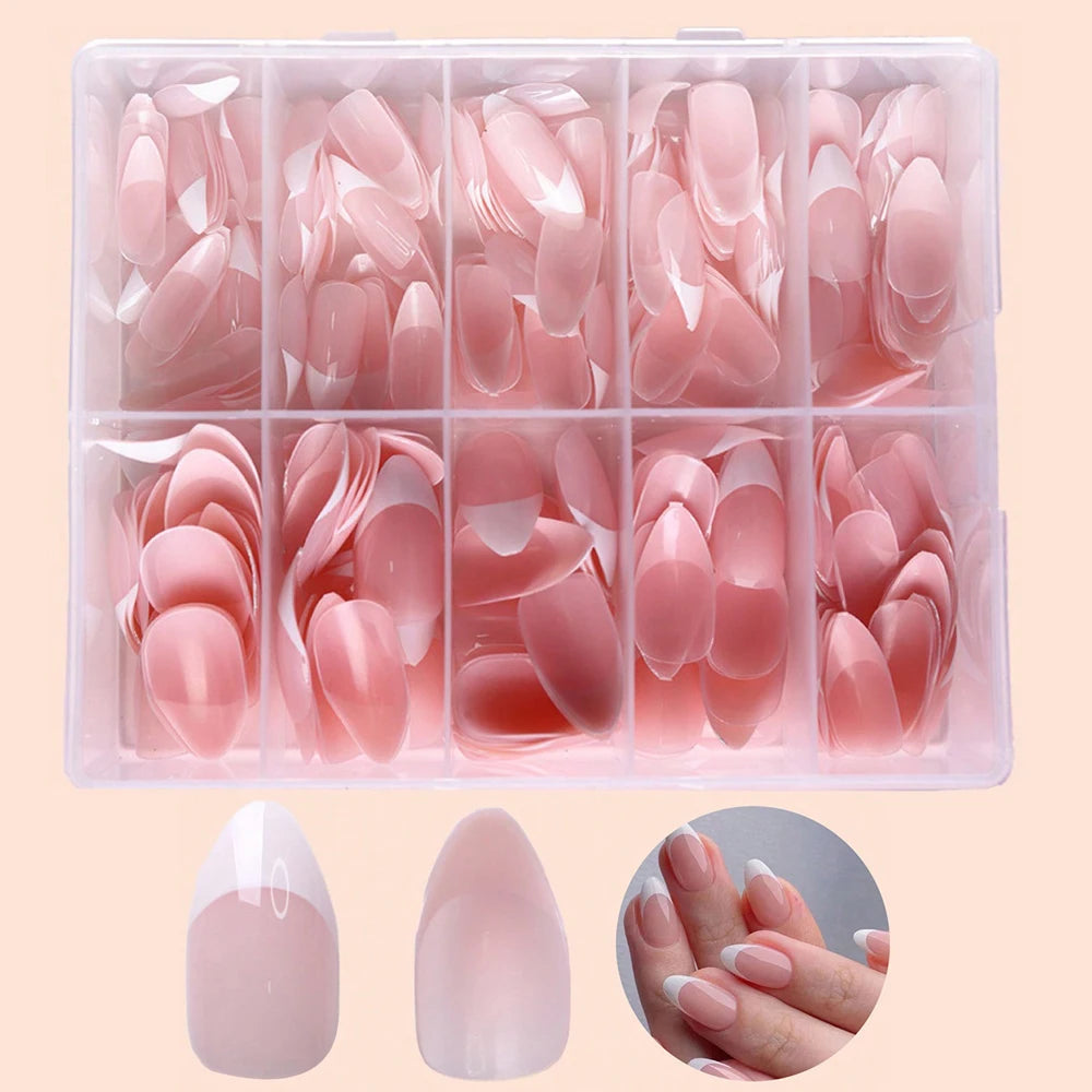 Nude Pink Almond French False Nails White Tip