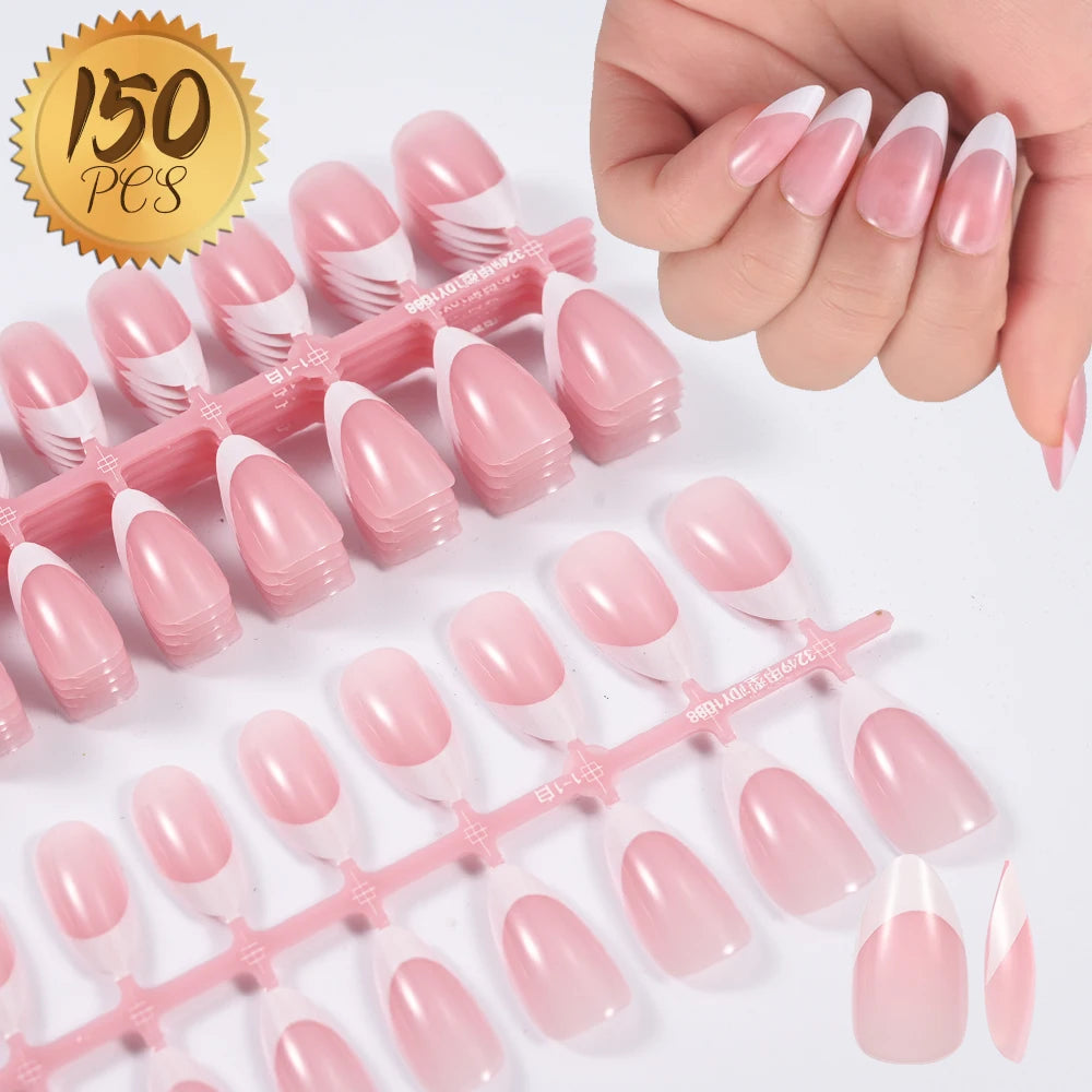 Nude Pink Almond French False Nails White Tip
