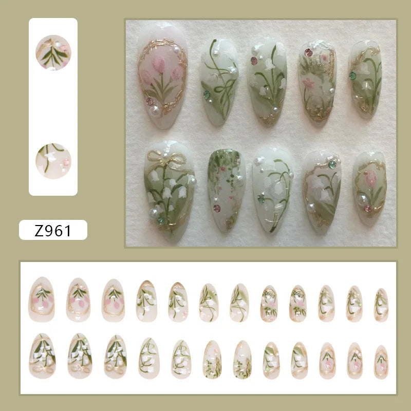 24pcs White Flower Press on Nail Tips