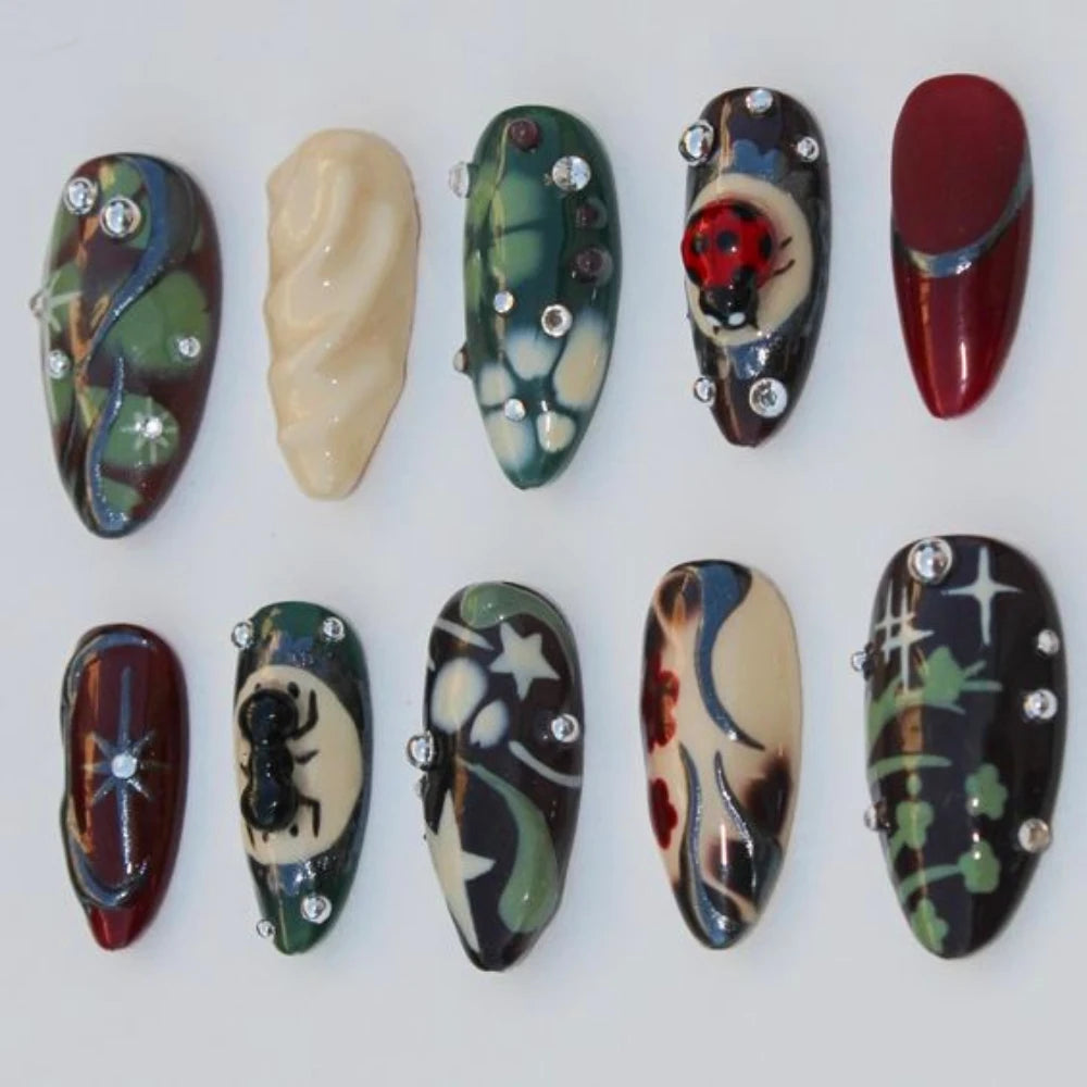 3D French Green Reusable Press On Nails