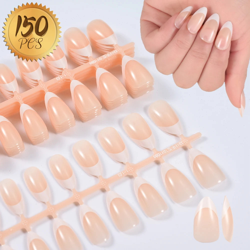 Nude Pink Almond French False Nails White Tip