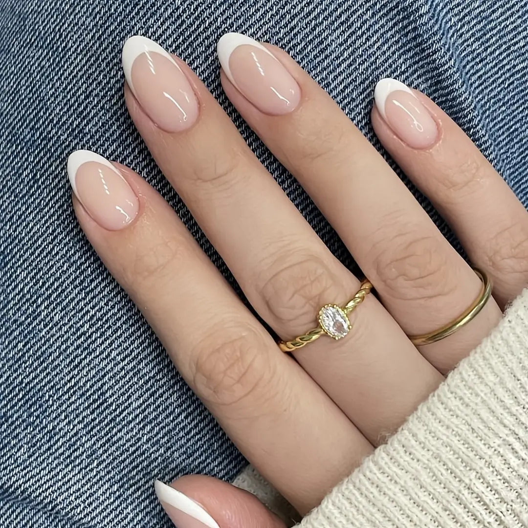 French Style Natural Nude White Tip Glossy Press On Nails