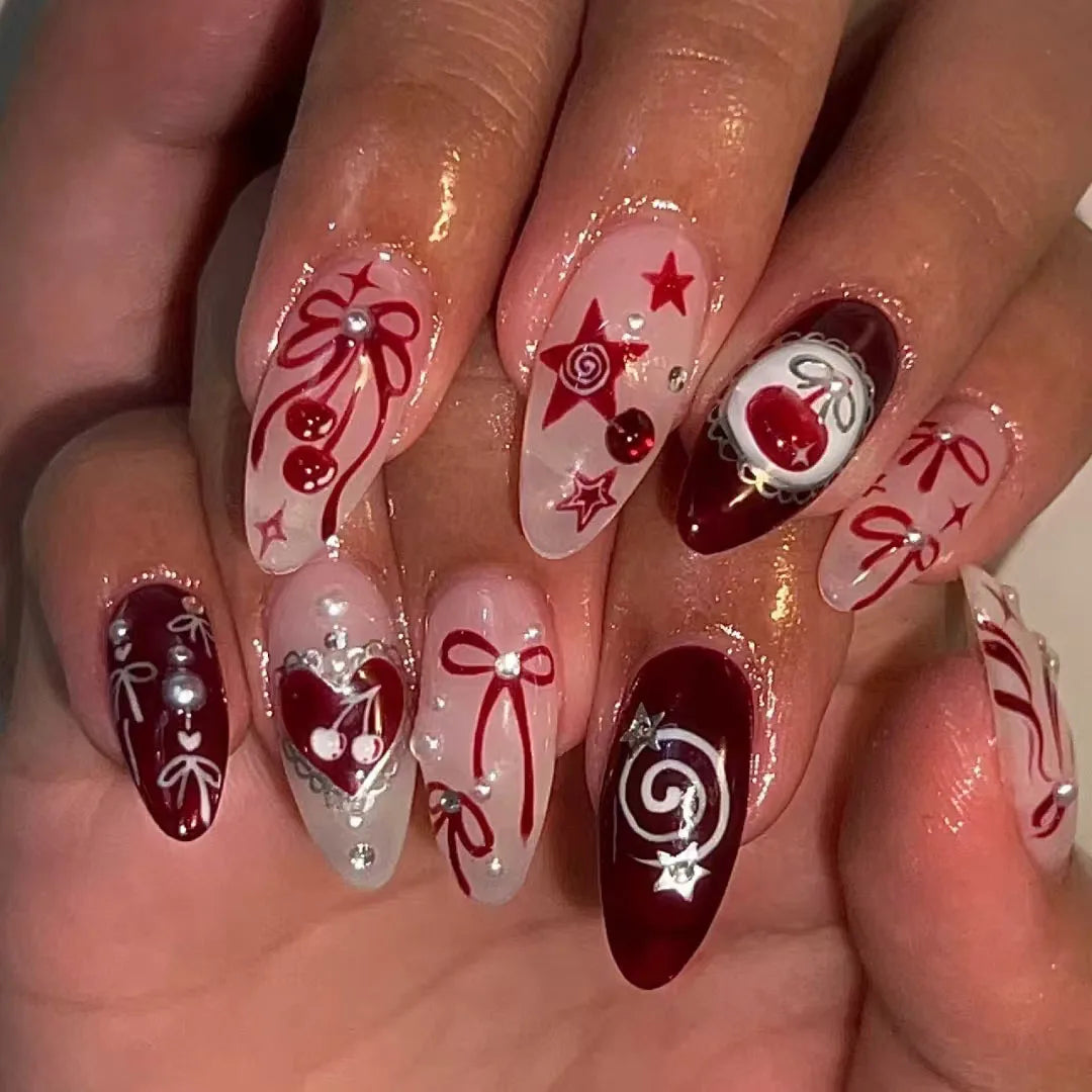 24Pcs Press on Nails, Silver Bow with Diamond with Glue Almond Nail Set