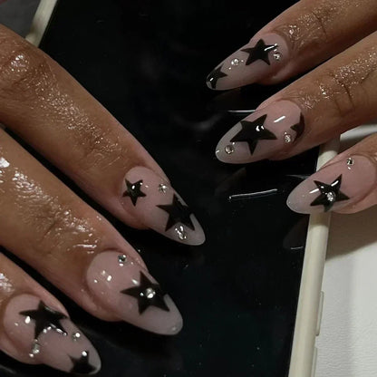 24Pcs Press on Nails, Silver Bow with Diamond with Glue Almond Nail Set