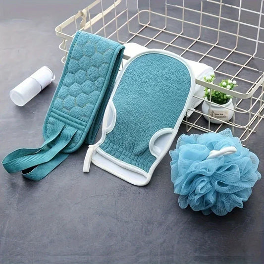 Bath towel shower three piece set, thickened mud cleaning bath ball combination set, pull back strip long back towel