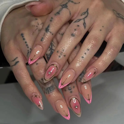 24Pcs Press on Nails, Silver Bow with Diamond with Glue Almond Nail Set