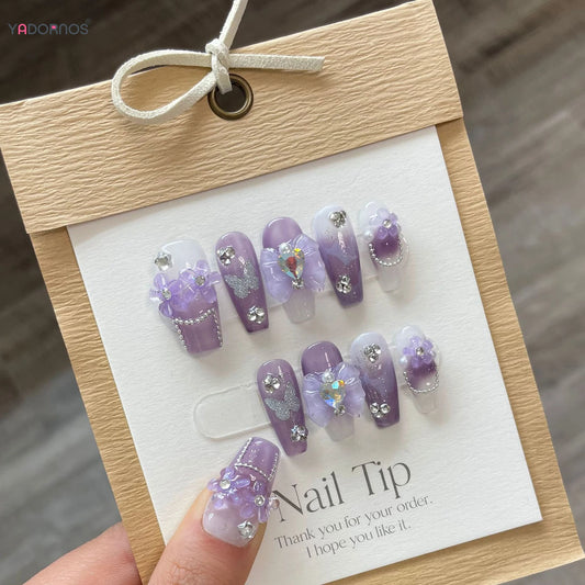 Purple Handmade 3D Flower Butterfly Designs press on Nails