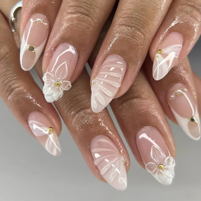 24pcs White Flower Press on Nail Tips