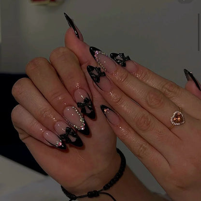 24Pcs Press on Nails, Silver Bow with Diamond with Glue Almond Nail Set