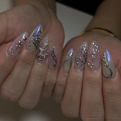 24Pcs Press on Nails, Silver Bow with Diamond with Glue Almond Nail Set
