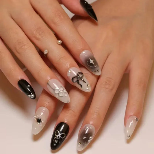 24Pcs Press on Nails, Silver Bow with Diamond with Glue Almond Nail Set
