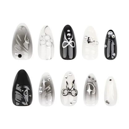 24Pcs Press on Nails, Silver Bow with Diamond with Glue Almond Nail Set