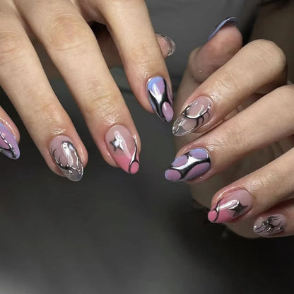 24Pcs Press on Nails, Silver Bow with Diamond with Glue Almond Nail Set