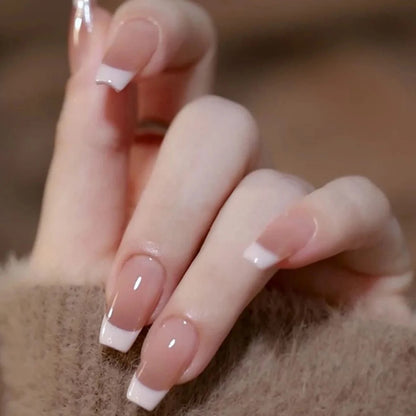 French Style Natural Nude White Tip Glossy Press On Nails