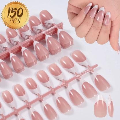 Nude Pink Almond French False Nails White Tip