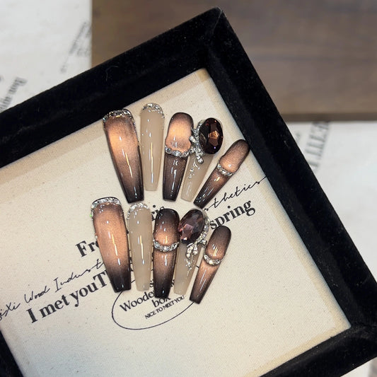 Brown Phototherapy Cat's Eye False Nails