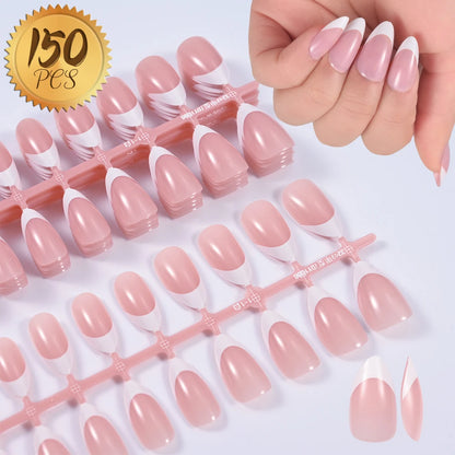 Nude Pink Almond French False Nails White Tip
