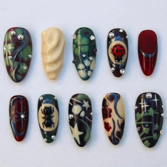 3D French Green Reusable Press On Nails