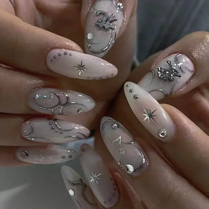 24Pcs Press on Nails, Silver Bow with Diamond with Glue Almond Nail Set