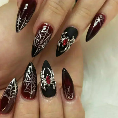 24Pcs Press on Nails, Silver Bow with Diamond with Glue Almond Nail Set